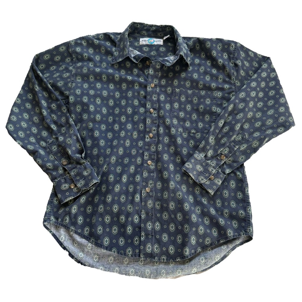Blue Vintage Medallion Print Button Up Long Sleeve Retro Shirt World Island